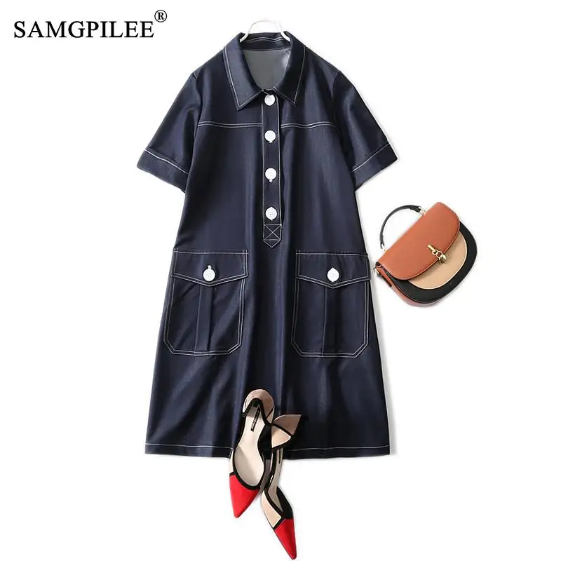 Summer Dress 2021 New Retro Casual Denim Large Pockets Bright Line Decoration A-line Short-sleeved Knee Length Dresses Women 4XL
Summer Dress 2021 New Retro Casual Denim Large Pockets Bright Line Decoration A-line Short-sleeved Knee Length Dresses Women 4XL