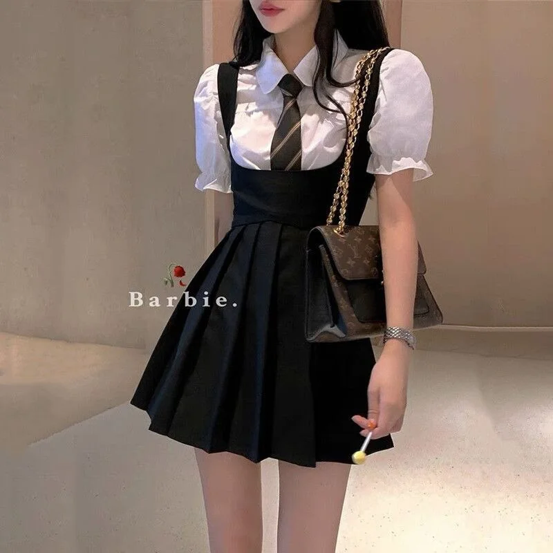 Dress Sets Womens Black Ladies Suit Female Summer Spice Suspender Belt Pleated Skirt Bubble Sleeve Shirt Two Pieces Sets Woman
Dress Sets Womens Black Ladies Suit Female Summer Spice Suspender Belt Pleated Skirt Bubble Sleeve Shirt Two Pieces Sets Woman