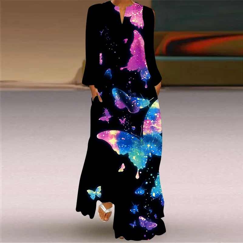 Vintage Butterfly Printed Maxi Dress For Women Sexy V-neck Long Sleeve Beach Party Dresses Casual Loose A-line Dress With Pocket
Vintage Butterfly Printed Maxi Dress For Women Sexy V-neck Long Sleeve Beach Party Dresses Casual Loose A-line Dress With Pocket