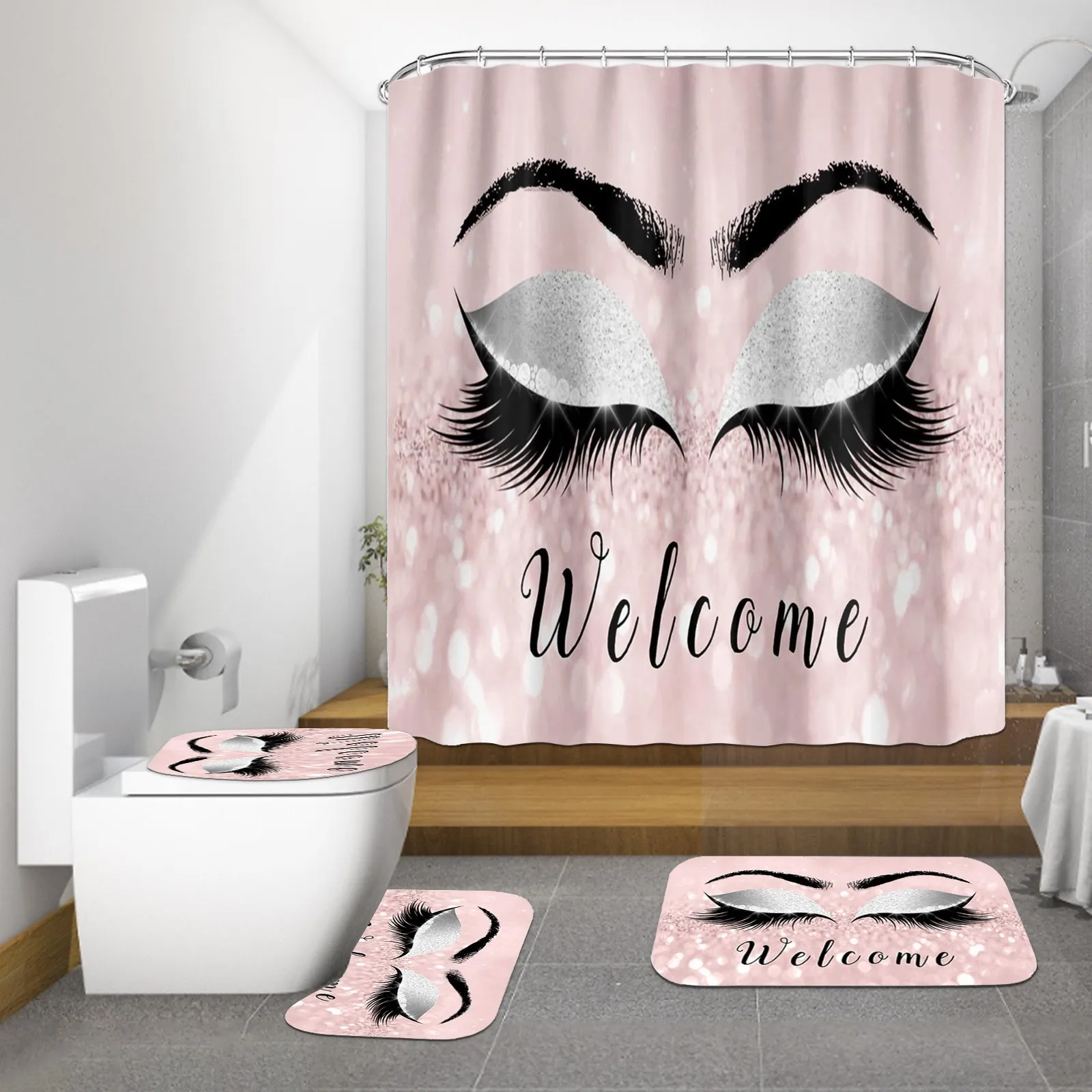 Bath Mat Set Pedestal Toilet Lid Cover Non-slip Absorbent Soft Bathroom Rug Four-piece Printed Eyelashes Shower Curtain Cushion
Bath Mat Set Pedestal Toilet Lid Cover Non-slip Absorbent Soft Bathroom Rug Four-piece Printed Eyelashes Shower Curtain Cushion