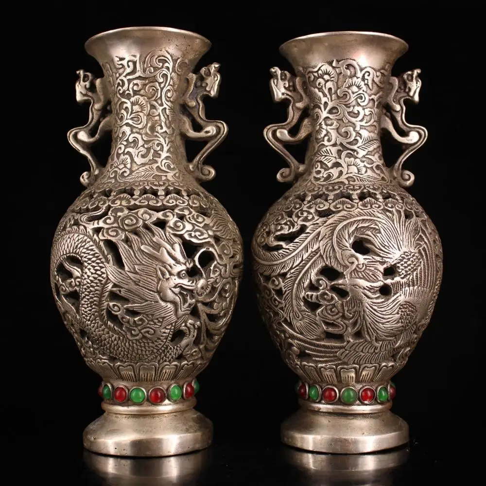 wedding decoration Treasure copper handcrafted gem-set gilt silver dragon and phoenix Chengxiang vase A pair
wedding decoration Treasure copper handcrafted gem-set gilt silver dragon and phoenix Chengxiang vase A pair