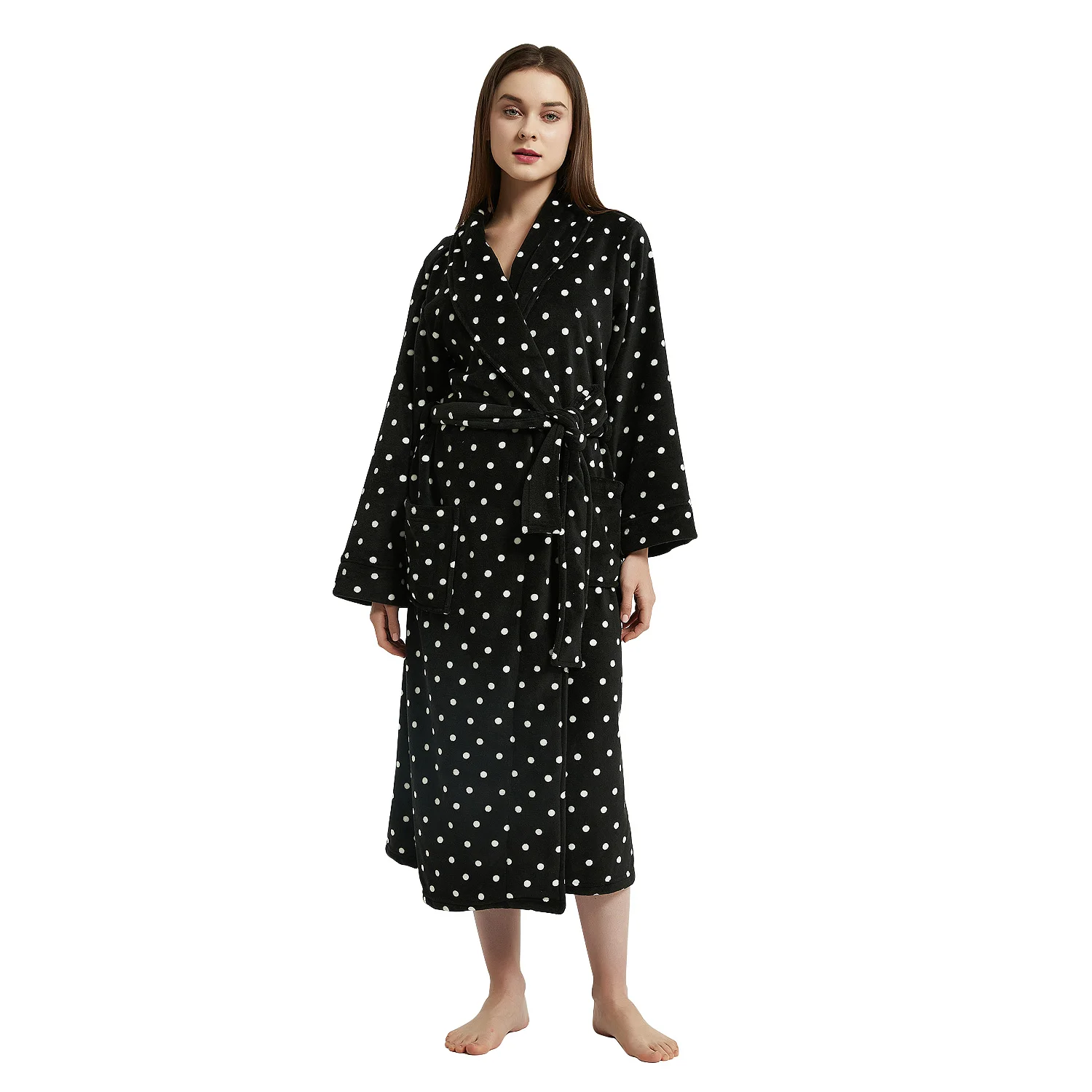 

Merrylife Women Plus Size Black Dots Coral Fleece Warm Bathrobe Nightwear Kimono Dressing Gown Sleepwear Bath Robe For Ladies