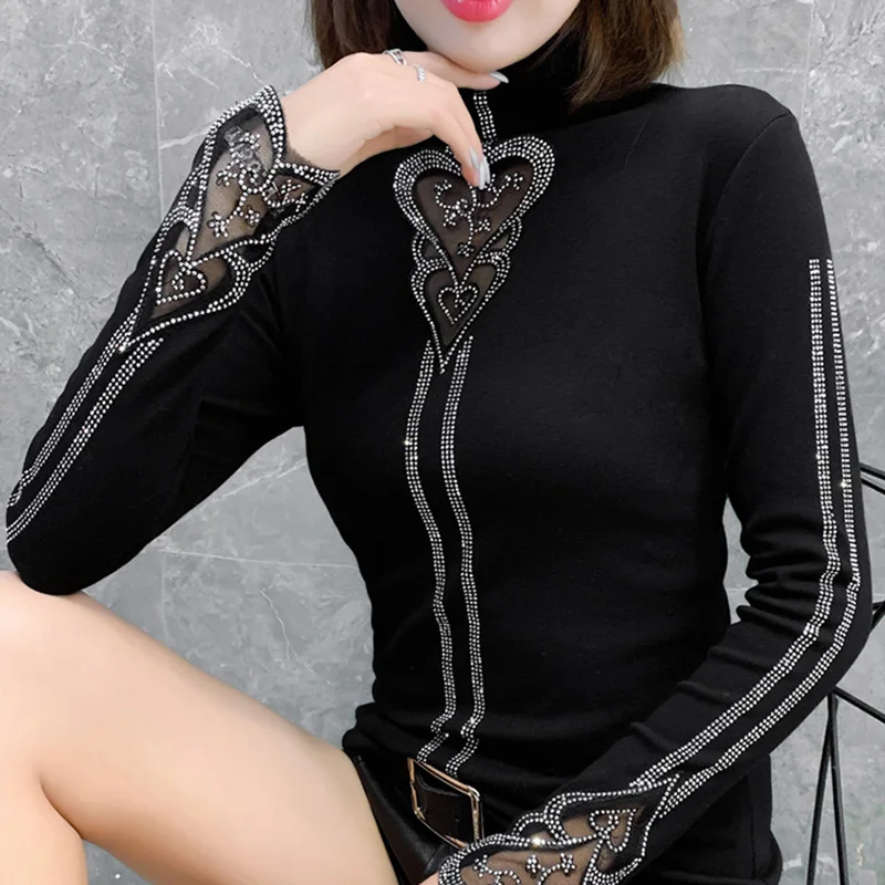 Spring Autumn Woman Elegant Turtleneck T-shirts Female Sexy Hollow Out Mesh Tops Slim Long Sleeve Black Shirt Plus 3XL
Spring Autumn Woman Elegant Turtleneck T-shirts Female Sexy Hollow Out Mesh Tops Slim Long Sleeve Black Shirt Plus 3XL