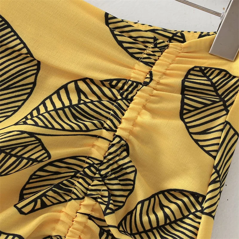 

Summer Yellow Print Midi Skirts Women za 2021 Fashion High Waist Front Elastic Ruching Skirt Vintage Slit Hem Woman Dress Suits