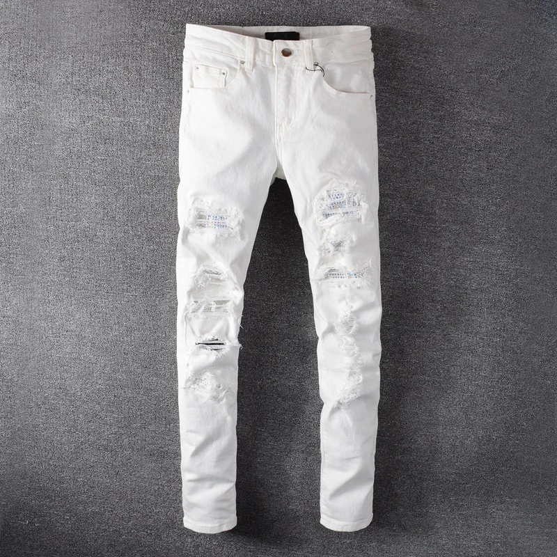 

Мужские белые рваные джинсы с кристаллами, модные облегающие зауженные стразы, Стрейчевые джинсовые брюки с дырками, обтягивающие узкие дж...