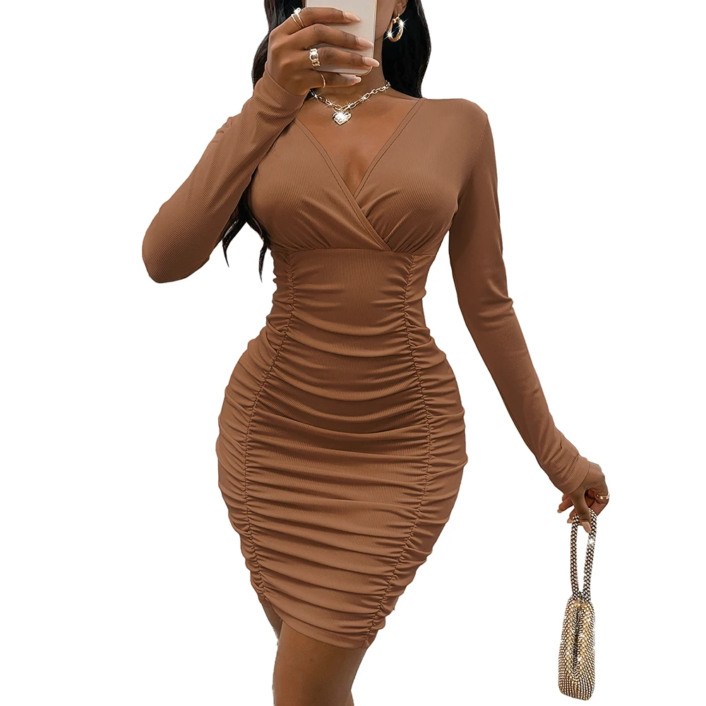 Women Sexy V-Neck Autumn Bodycon Dress Short Solid Color Long Sleeve Pullover Pleated High Waist Mini Dress Ladies Vestidos
Women Sexy V-Neck Autumn Bodycon Dress Short Solid Color Long Sleeve Pullover Pleated High Waist Mini Dress Ladies Vestidos