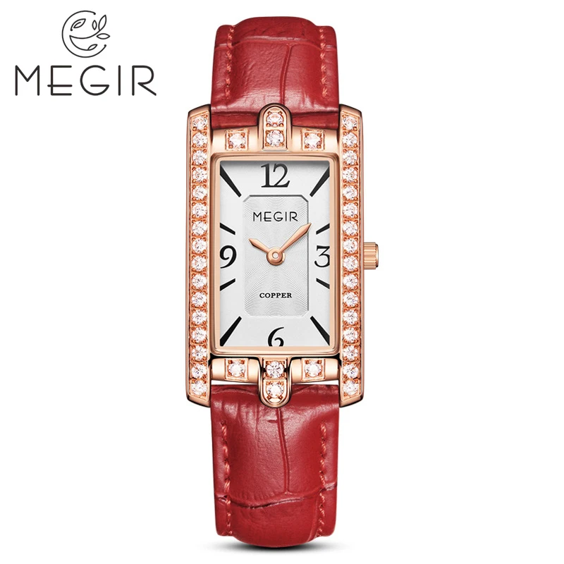 

MEGIR Women Diamond Watch Rectangle Dial Watches Ladies Leather Band Quartz Wristwatch Female Clock Zegarek Damski 7004G