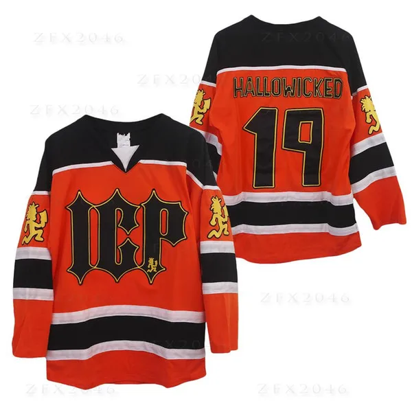 

Custom Insane Clown Posse Hallowicked 19 Orange Black White Hockey Jerseys ICP 17 Juggalo Black White Hockey Stitched Logos Cust