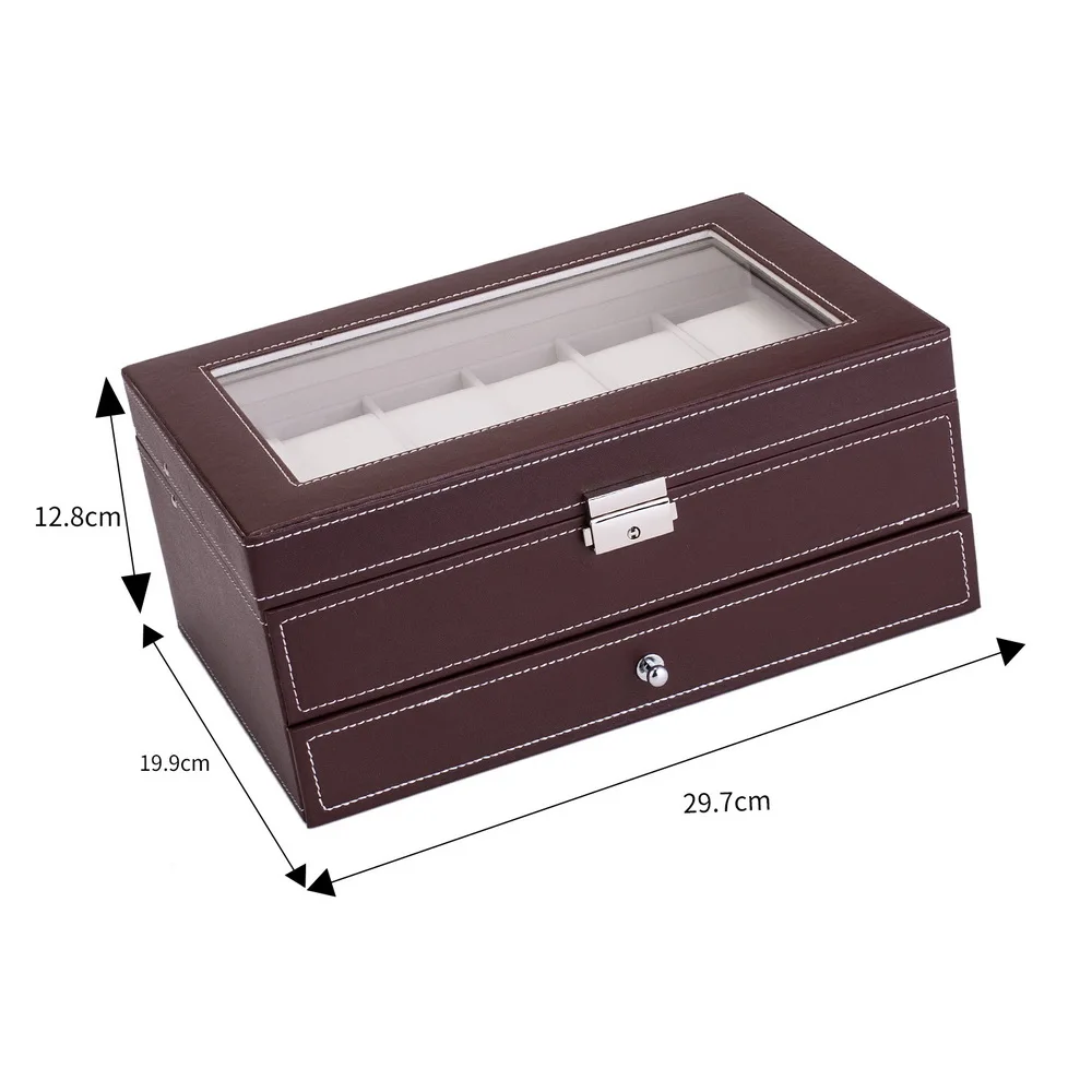 

12 Slots Watch Box Mens Watch Organizer Lockable Jewelry Display Case with Real Glass Top Faux Leather Brow XRQ88