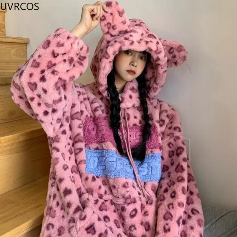 Autumn Winter warm lamb wool Hoodies girls Animal Ear Pink leopard graphic hoodie Coats women loose Oversized Sweatshirt gothic
Autumn Winter warm lamb wool Hoodies girls Animal Ear Pink leopard graphic hoodie Coats women loose Oversized Sweatshirt gothic