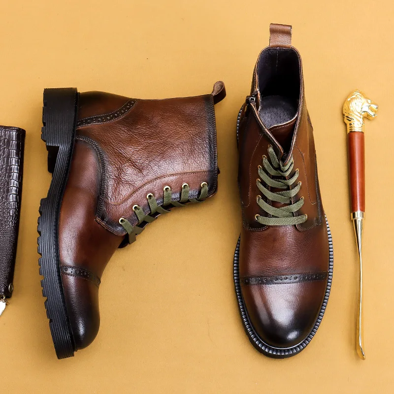 Black Brown Mens Ankle Boots Lace Up Genuine Leather Shoes Fashion Design Round Head Zipper + Lace Up Cowboy High Boots For Men
Black Brown Mens Ankle Boots Lace Up Genuine Leather Shoes Fashion Design Round Head Zipper + Lace Up Cowboy High Boots For Men