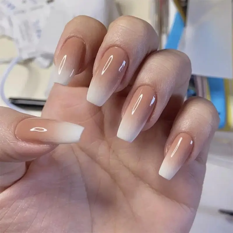 

Glossy Ombre Pink Nude White French Ballerina Coffin False Nail Gradient Natural Press on Ballet Fake Nails Tips Reusable Wear