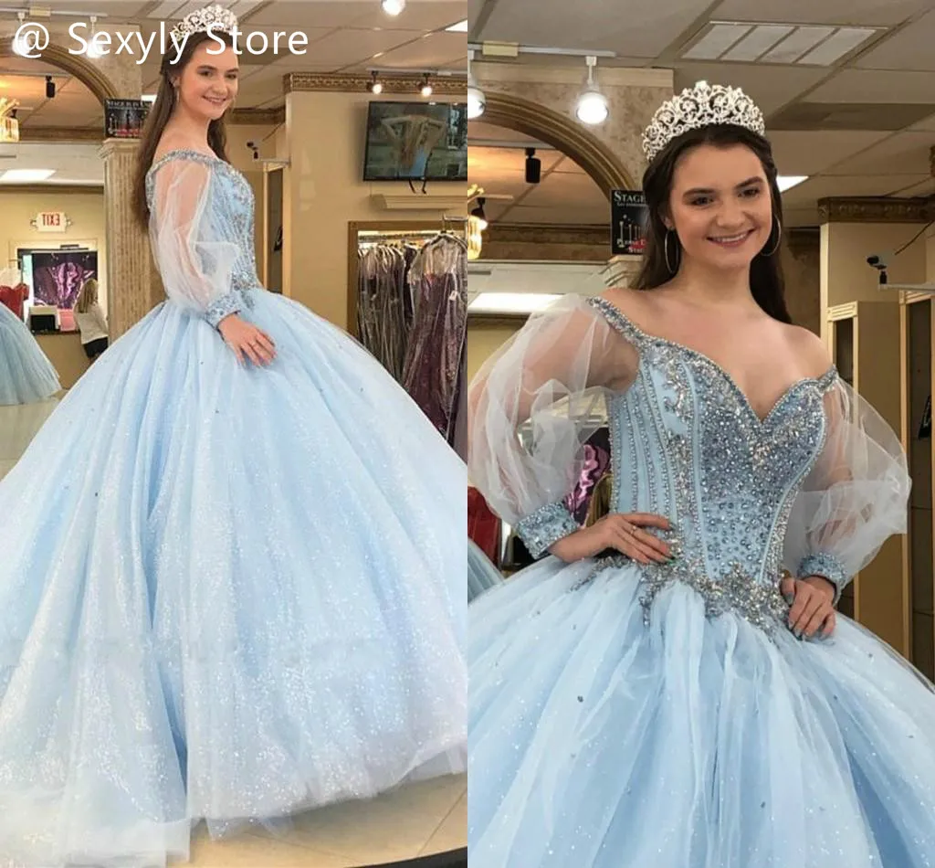 2021 принцесса Джульетта с длинным рукавом Quinceanera светильник-голубого тюля Стразы с бисером с открытыми плечами блестящее милое платье 16
2021 принцесса Джульетта с длинным рукавом Quinceanera светильник-голубого тюля Стразы с бисером с открытыми плечами блестящее милое платье 16