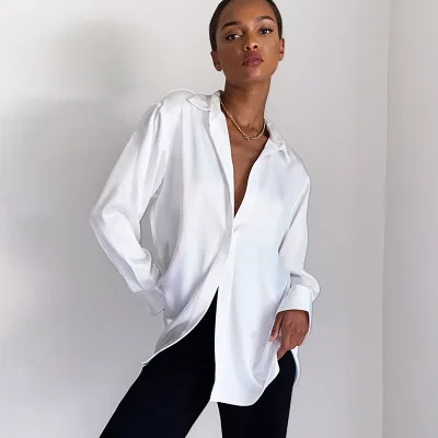 Spring Long Sleeve White Satin Shirt Women Turn-down Collar Loose Blouse Female Casual Single-breasted Tops Office Lady
Spring Long Sleeve White Satin Shirt Women Turn-down Collar Loose Blouse Female Casual Single-breasted Tops Office Lady