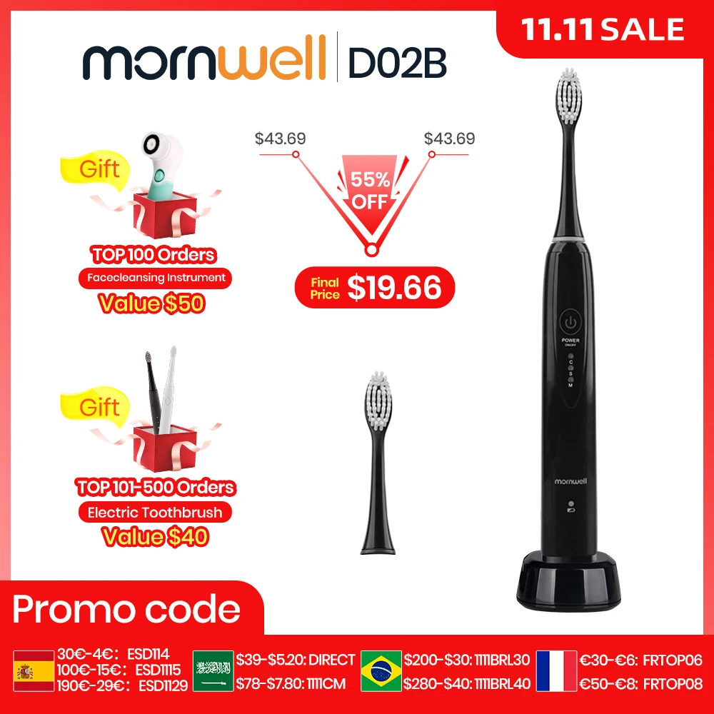 Mornwell Sonic Electric Toothbrush D02B Adult Timer Brush 3 Mode USB Charger Rechargeable Tooth Brushes Replacement Heads Set 
Mornwell Sonic Electric Toothbrush D02B Adult Timer Brush 3 Mode USB Charger Rechargeable Tooth Brushes Replacement Heads Set