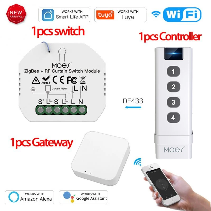 

Умный переключатель штор ZigBee RF433, моторизованные рулонные шторы, мотор Tuya Smart Life, приложение для работы с Alexa Google Home