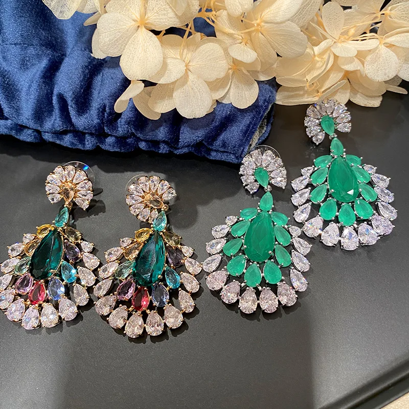 

Elegant Colorful Cubic Zircon Sector Earrings Long Tassel Luxurious Women's vintage Jewelry Wedding Party Friends Gift
