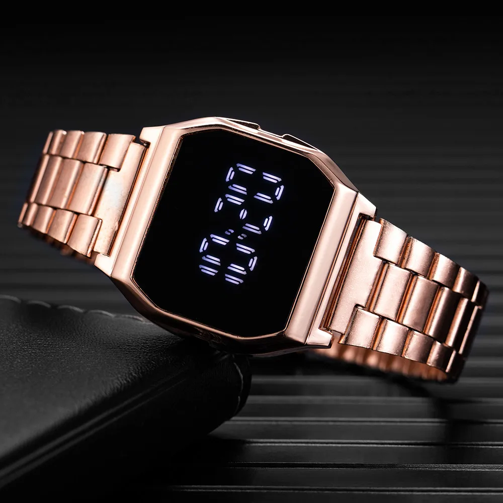 

Relojes electronicos digitales de lujo para mujer, pulsera de reloj de acero inoxidable con esfera plateada dorada