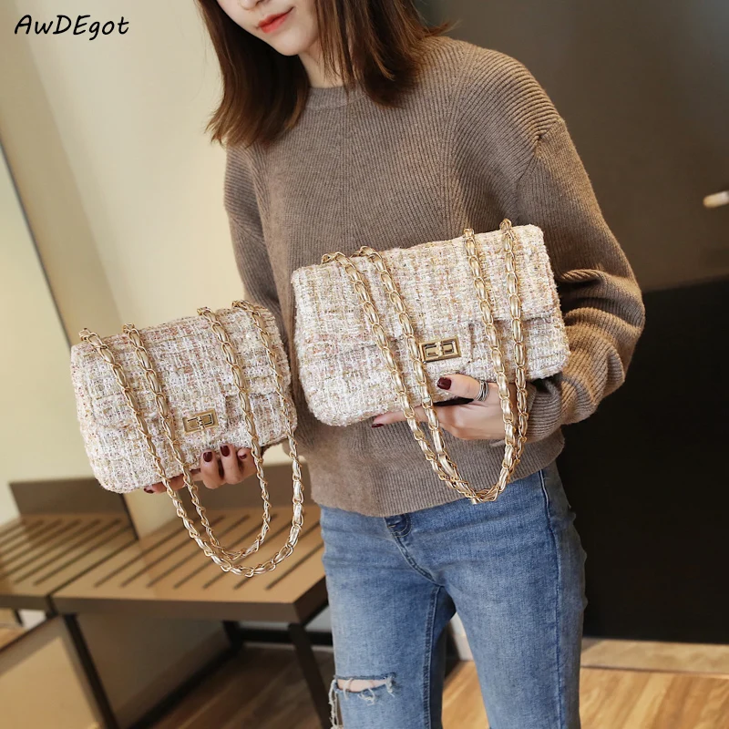 

Classical Designer Shoulder Bags for Women 2022 Winter Woolen Handbags Female Crossbody Chain Bag Lady Plaid Quilted Hand Purse