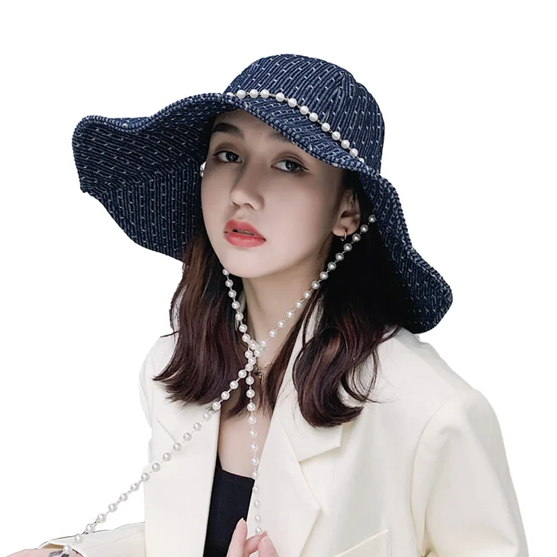 INS Hat Female Summer Big Brim Sunbonnet Korean Fashion Pearl Chain Denim Fisherman Hat Sun Protection Bucket Gorros
INS Hat Female Summer Big Brim Sunbonnet Korean Fashion Pearl Chain Denim Fisherman Hat Sun Protection Bucket Gorros