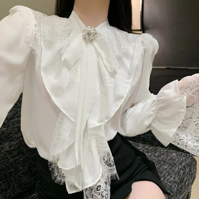 New Lace Patchwork Blouse Women Spring Sweet Beading Bowknot Ladies White Top Long Sleeve Elegant Chiffon Shirt Blusas
New Lace Patchwork Blouse Women Spring Sweet Beading Bowknot Ladies White Top Long Sleeve Elegant Chiffon Shirt Blusas