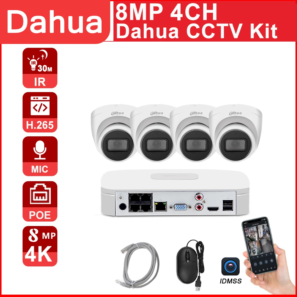 

Dahua 4CH CCTV kit POE NVR 4K 8MP NVR4104-P-4KS2 IP Camera IPC-HDW2831T-AS-S2 4CH Easy installtion Motion detection APP P2P