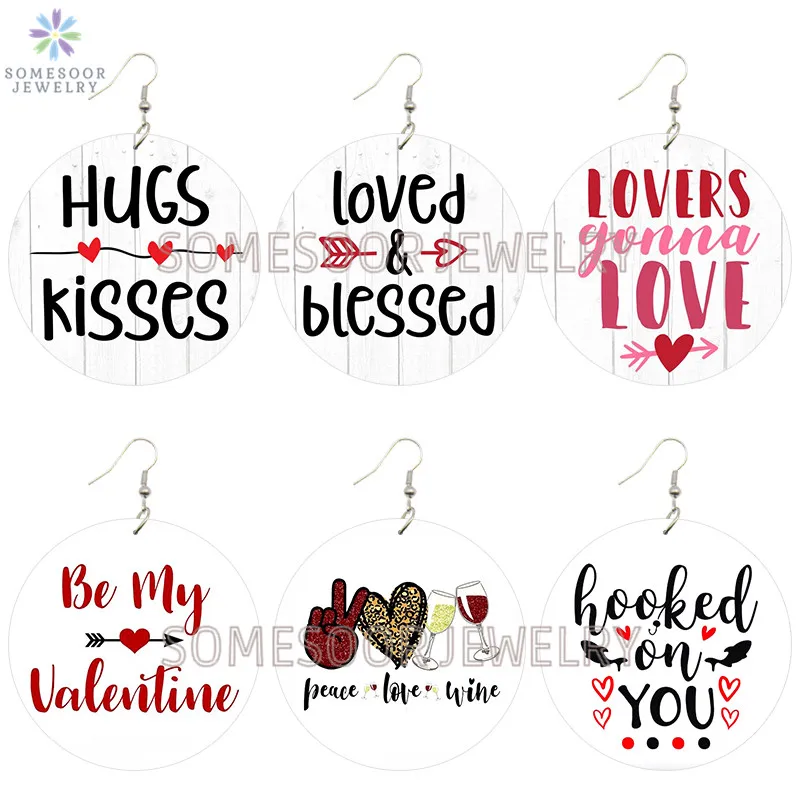 

SOMESOOR Valentine Design Love Wooden Drop Earrings Hugs Kisses Loved Blessed Printed Dope Loops Dangle Jewelry For Women Gifts