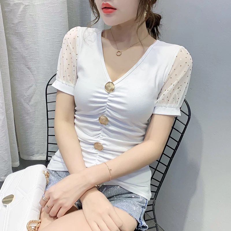 2021 European summer wear short sleeve Tees nail fold top fashion buckle joker hubble-bubble sleeve hot drilling
2021 European summer wear short sleeve Tees nail fold top fashion buckle joker hubble-bubble sleeve hot drilling