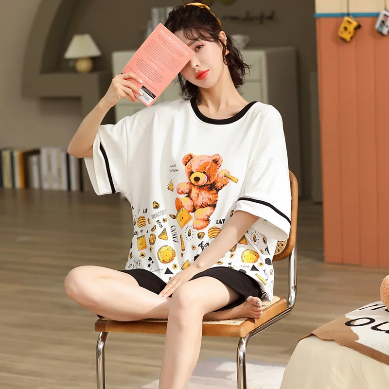 Пижама женская летняя с коротким рукавом, свободный хлопковый костюм, Повседневная тонкая Студенческая Домашняя одежда, можно носить на ве... 
Пижама женская летняя с коротким рукавом, свободный хлопковый костюм, Повседневная тонкая Студенческая Домашняя одежда, можно носить на ве...