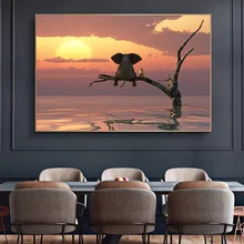 Elephant and Best Friend Watching Sunset Canvas Painting Landscape Posters and Prints Wall Picture for Modern Living Room Decor