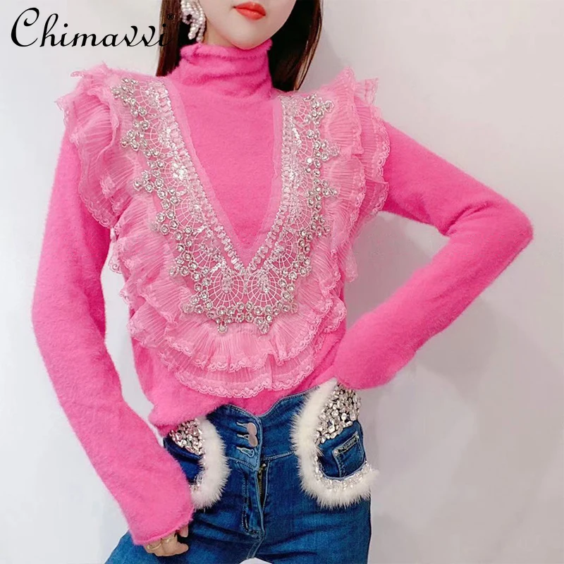 Женский пуловер с высоким воротником, свитер с оборками и бусинами, имитация норки, корейский стиль, зима 2021
Женский пуловер с высоким воротником, свитер с оборками и бусинами, имитация норки, корейский стиль, зима 2021