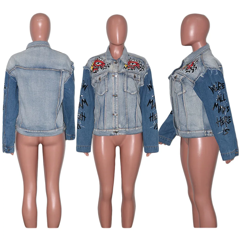 Streetwear Women Color Letter Printing Denim Jackets 2021 Spring New Arrivals Lady's Single-breasted Turn-down Collar Jackets 
Streetwear Women Color Letter Printing Denim Jackets 2021 Spring New Arrivals Lady's Single-breasted Turn-down Collar Jackets