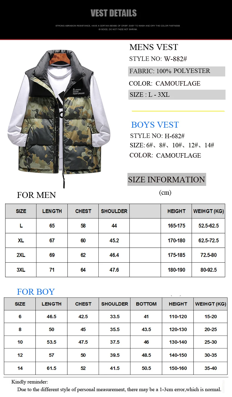2019 Spring Autumn New Men And Boy Sleeveless Jacket Family Men& Kids Winter Vest Outdoor Male Casual Gilet Camouflage Waistcoat
2019 Spring Autumn New Men And Boy Sleeveless Jacket Family Men& Kids Winter Vest Outdoor Male Casual Gilet Camouflage Waistcoat