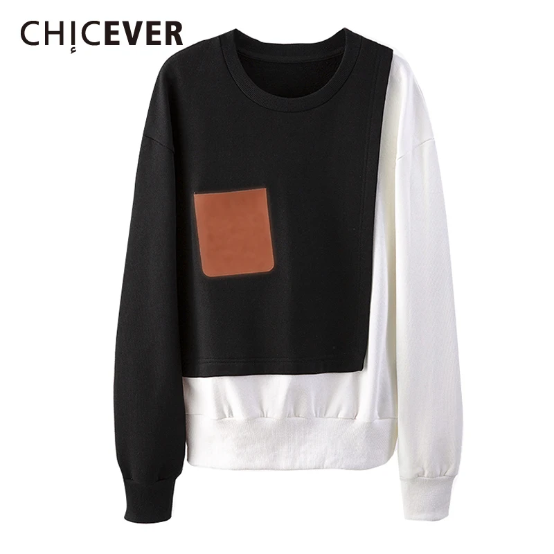 

CHICEVER Korean Fashion Long Sleeve Womens Sweatershirt Round Collar Loose Patchwork Colorblock Casual Sweatershirts Female New