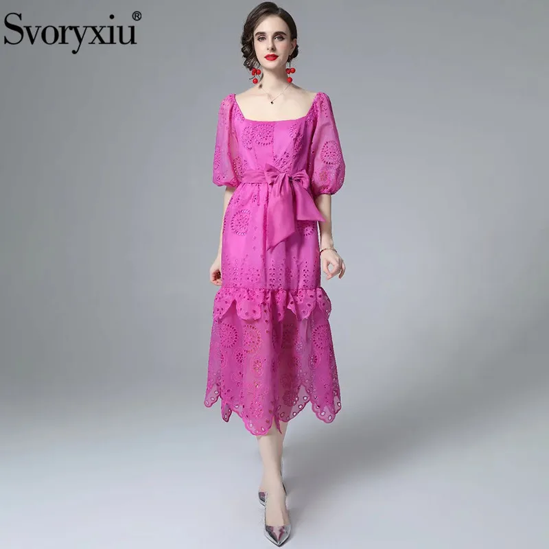 Svoryxiu Fashion Woman Summer Fuchsia Elegant Midi Dress Solid Square Collar Sashes Slim Hollow Out Ruffles Dresses Vestdios
Svoryxiu Fashion Woman Summer Fuchsia Elegant Midi Dress Solid Square Collar Sashes Slim Hollow Out Ruffles Dresses Vestdios