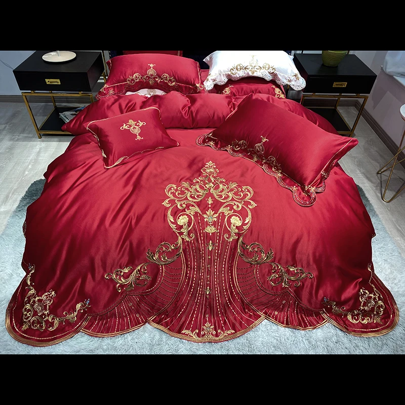 Красное Атласное шелковое хлопковое постельное белье с золотой вышивкой, Европейский Свадебный комплект постельного белья, двойной компле... 
Красное Атласное шелковое хлопковое постельное белье с золотой вышивкой, Европейский Свадебный комплект постельного белья, двойной компле...
