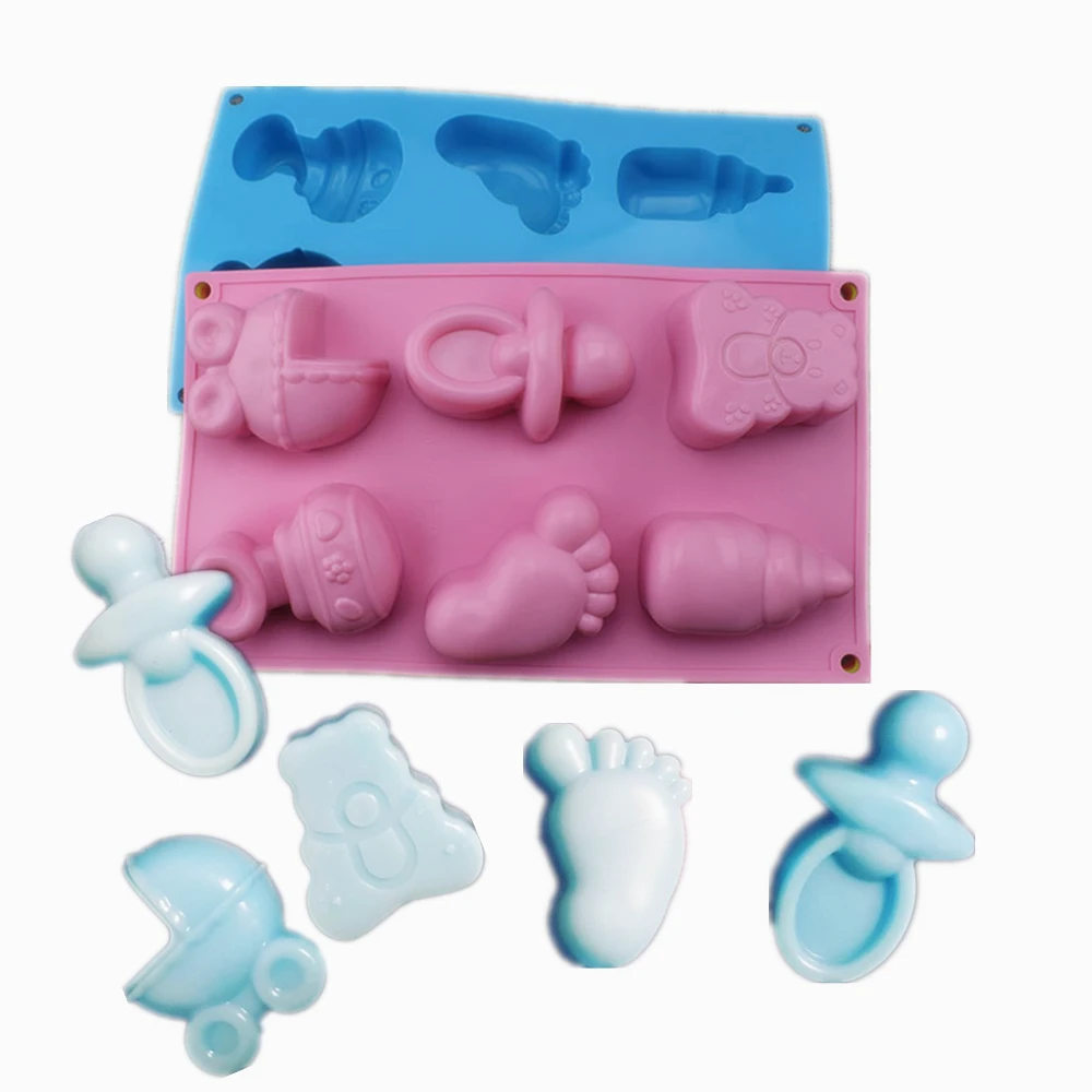

6 Cells Baby Feet and Toys Silicone Molds 3D Chocolate Sugar Candy Jelly Moulds Cupcake Party Fondant Cake Decor Tools