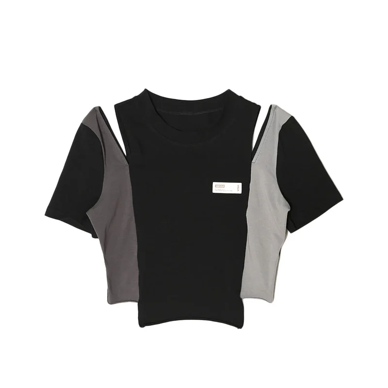 XUXI женская футболка контрастных цветов с коротким рукавом лето 2021 асимметричный