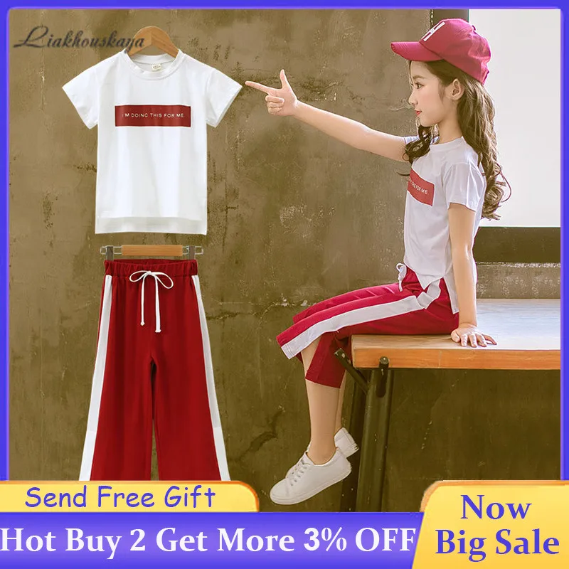 Summer 3-13 Motion Wide-Leg Pants Leisure Two-Piece Sets Baby Girls Suit Striped T-Shirt Clothes Sports Cotton Youth Years Bab
Summer 3-13 Motion Wide-Leg Pants Leisure Two-Piece Sets Baby Girls Suit Striped T-Shirt Clothes Sports Cotton Youth Years Bab