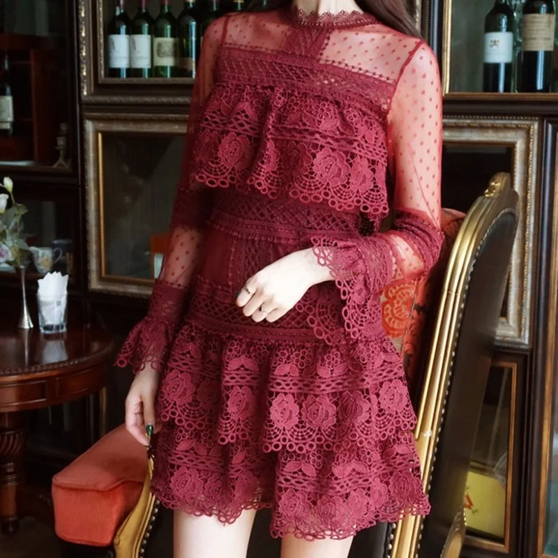Women See Though Long Sleeve Lace Dress Mesh Floral Appliques Ball Gown Sexy Mini Dress Cake Party Dress Wine Red Black Robe
Women See Though Long Sleeve Lace Dress Mesh Floral Appliques Ball Gown Sexy Mini Dress Cake Party Dress Wine Red Black Robe
