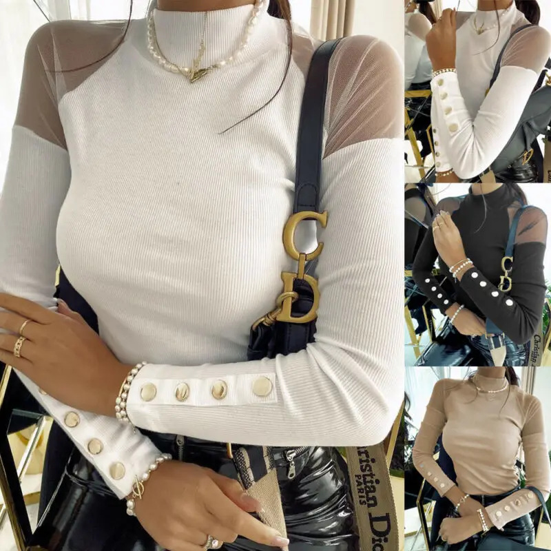 Womens Ribbed Mesh Long Sleeve High Neck Tops T-Shirts Casual Slim Fit Pullover
Womens Ribbed Mesh Long Sleeve High Neck Tops T-Shirts Casual Slim Fit Pullover