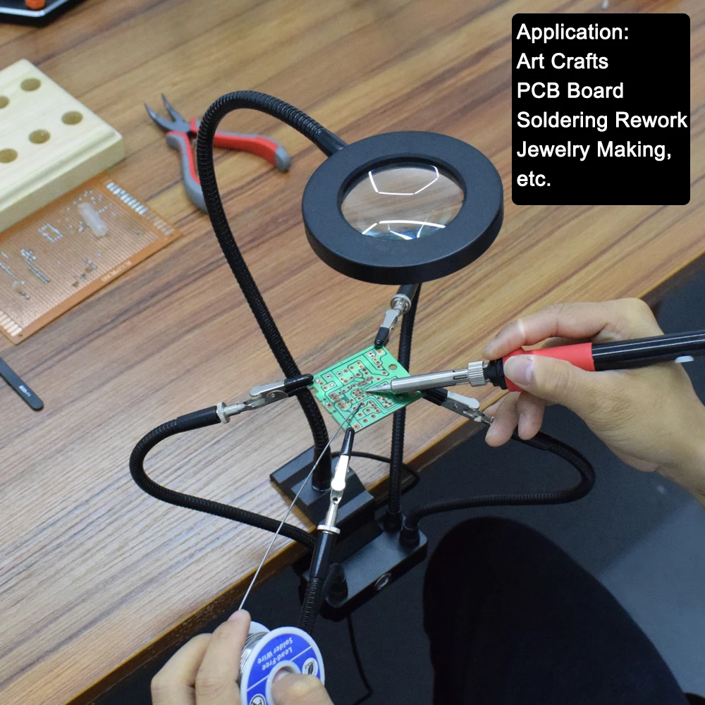 LED 3X Magnifier Bench Vise Table Clamp Soldering Helping Hand Soldering Station USB 5pc Flexible Arms Third Hand Tool
LED 3X Magnifier Bench Vise Table Clamp Soldering Helping Hand Soldering Station USB 5pc Flexible Arms Third Hand Tool