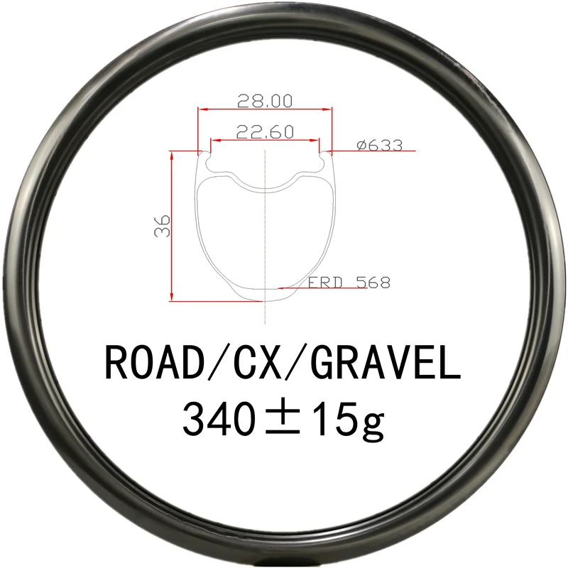 340±15g 700C 28mm Width 36mm Depth Keel Reinforcement Road/CX/Gravel Carbon Rim Tubeless Clincher
340±15g 700C 28mm Width 36mm Depth Keel Reinforcement Road/CX/Gravel Carbon Rim Tubeless Clincher