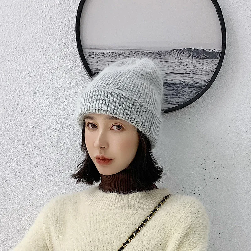 

High Quality Winter Hats For Women Cashmere Beanies Ladise Knitted Wool Skullies Cap Angora Pompom Gorros cap thick and warm
