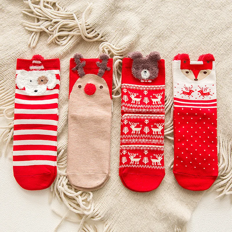 

Рождественские женские хлопковые милые носки с забавным мультипликационным принтом Санта Клаус Kawaii с изображением животного для девочек н...