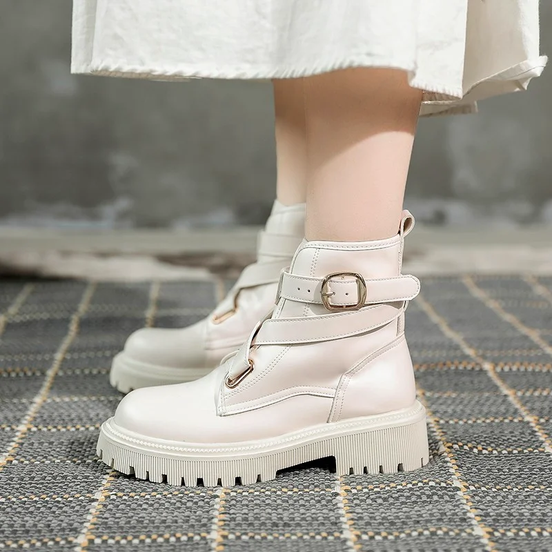 

2021 Fashion Platform Chelsea Boots Martin Boots Women New Mid Heels Non Slip Goth Shoes Women Motorcycle Boots Belt Buckle
