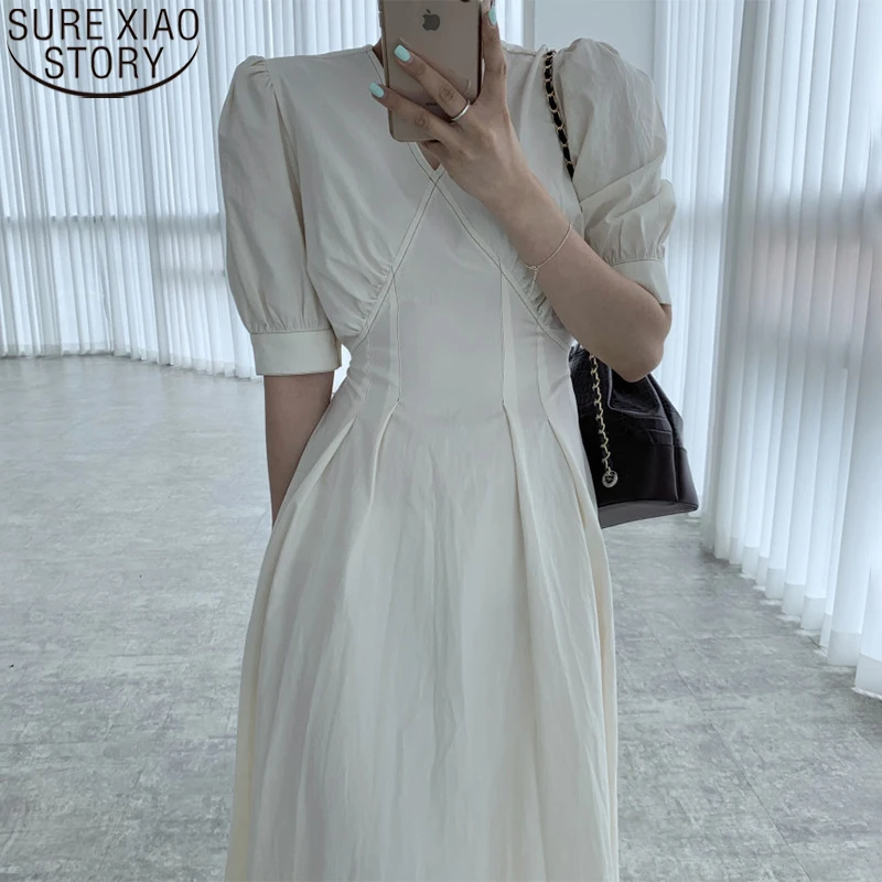 Korean Chic Summer Dress Women Short Sleeve Vintage dress white Midi Long Dresses V-neck Line Pleated Puff Sleeve Dresses 13566
Korean Chic Summer Dress Women Short Sleeve Vintage dress white Midi Long Dresses V-neck Line Pleated Puff Sleeve Dresses 13566