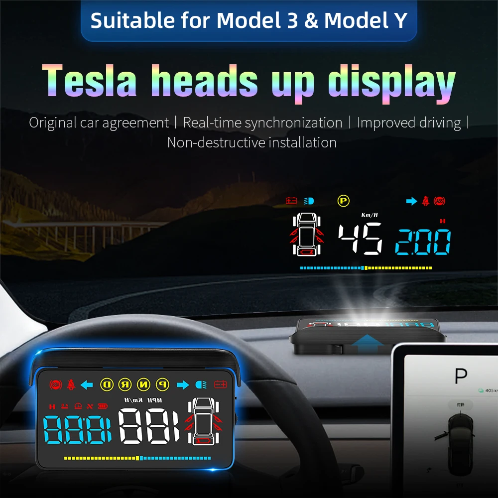 

For Tesla Model 3 & Model Y HUD T4 Head Up Display Speed Mileage Safety Indicator Light Driving Time Indicator System Mirror