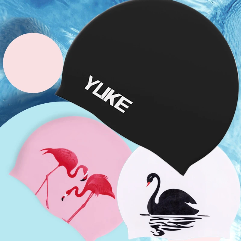 

Cartoon Print Silicone Swimming Cap Women Men Waterproof Long Hair Ears Protect Swim Caps for Girls kids Children Swan flamingo