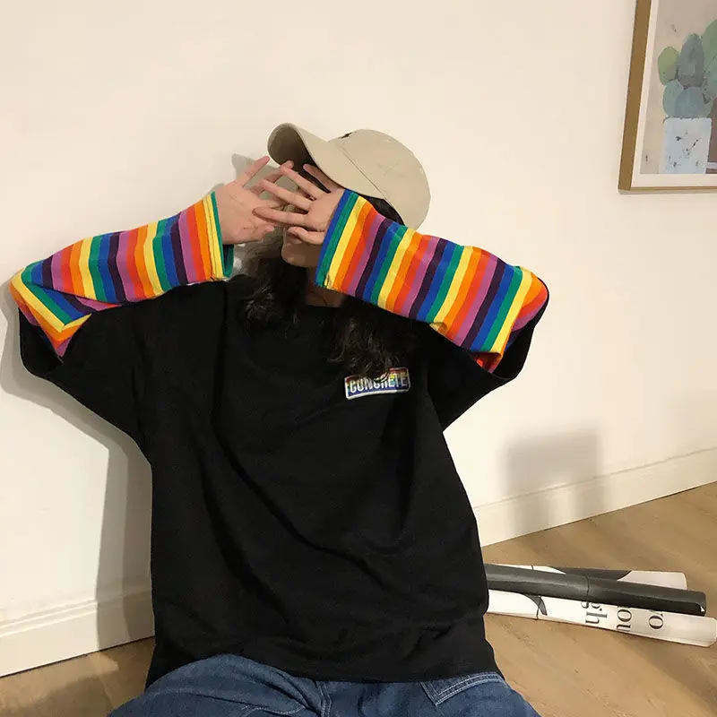 Rainbow Stripe fake two long sleeve T-shirt Korean loose top spring and autumn bottom coat
Rainbow Stripe fake two long sleeve T-shirt Korean loose top spring and autumn bottom coat